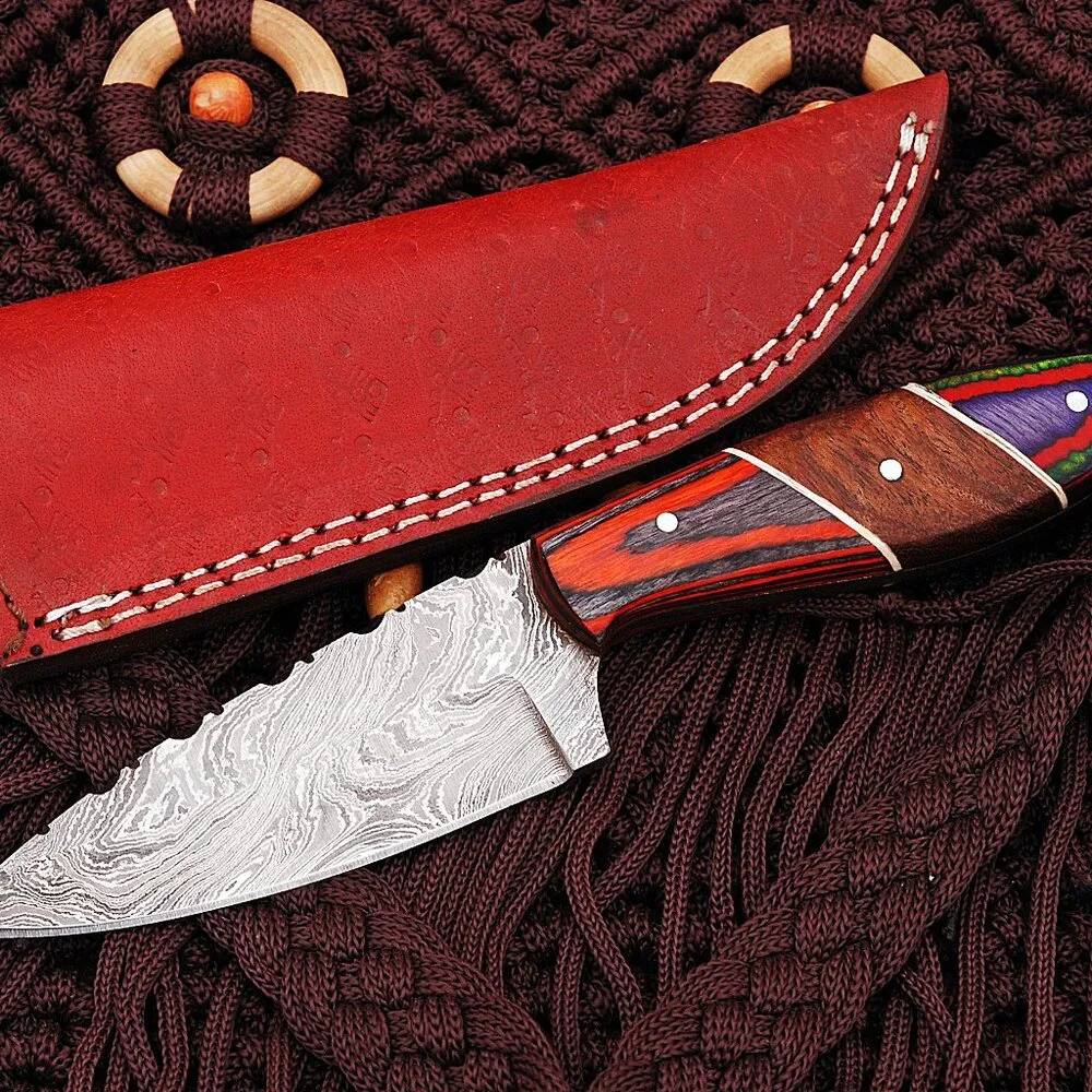 Handmade Damascus Cooking Knife Twist Pattern with Colorful Wood Handle